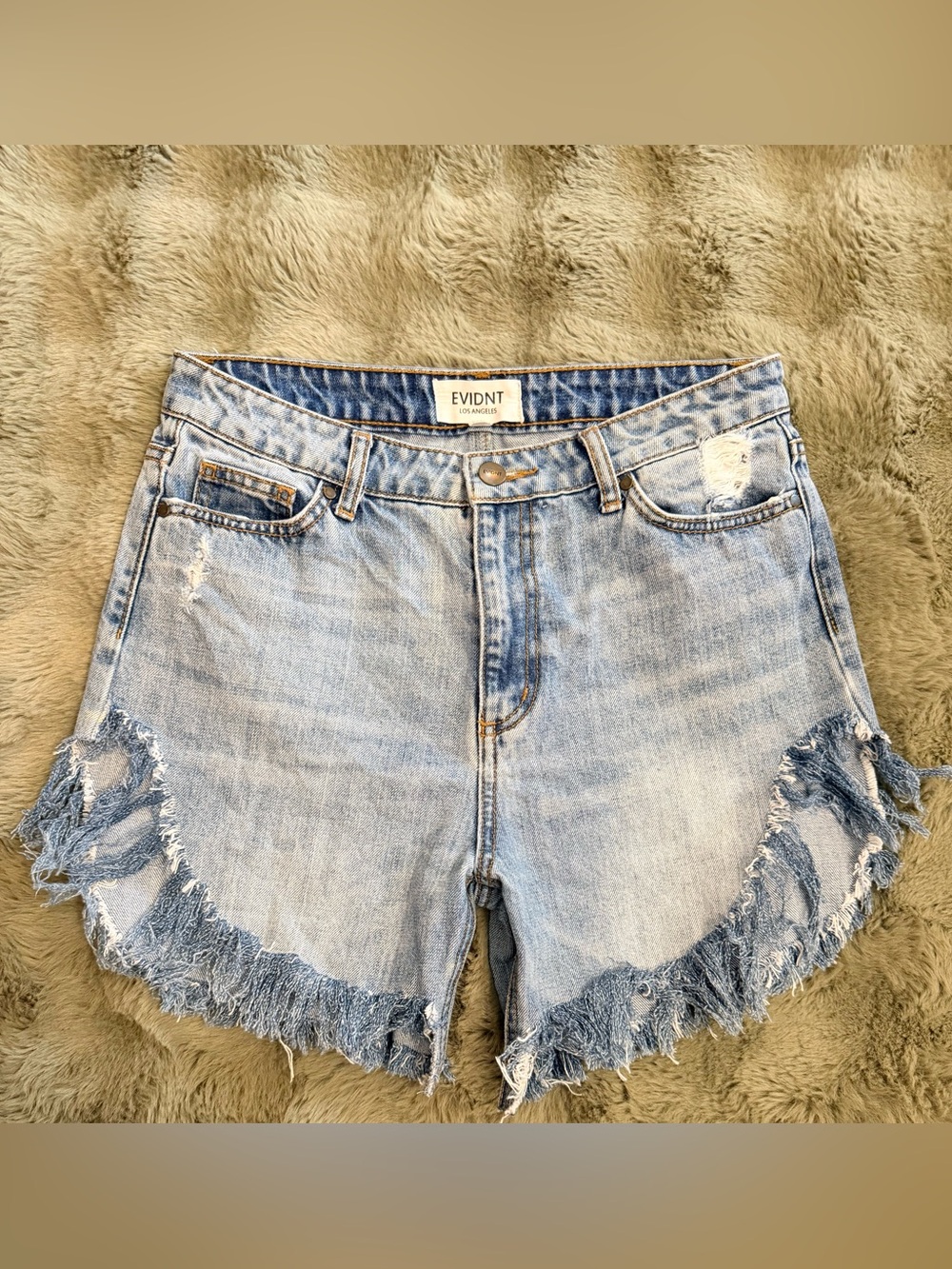 Evidnt Light Wash Distressed Denim Shorts with Frayed Hem